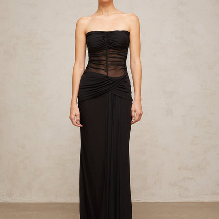 Ginevra Black Maxi Dress with Strapless Corset Bodice and Pleated Detailing in Semi-Sheer Tulle Fabric