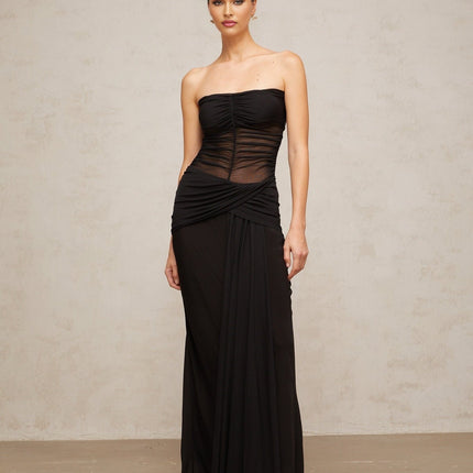 Ginevra Black Maxi Dress with Strapless Corset Style Bodice and Pleated Detailing in Semi-Sheer Tulle Fabric