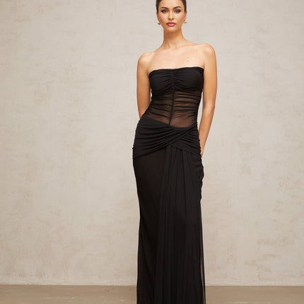 Ginevra Black Maxi Dress with Strapless Corset Bodice and Pleated Detailing in Semi-Sheer Tulle Fabric