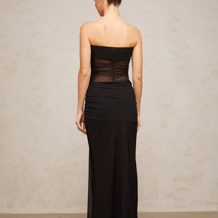 Ginevra Black Maxi Dress with Strapless Corset Bodice and Ruched Detailing in Semi-Sheer Tulle Fabric