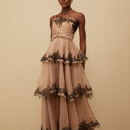 Ginevra Brown Black Maxi Dress with Tiered Tulle and Floral Lace Trim