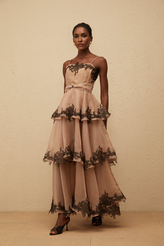 Ginevra Brown Black Maxi Dress with Tiered Tulle and Floral Lace Trim