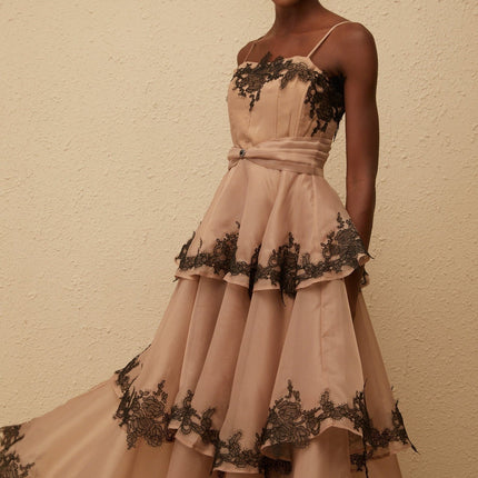 Ginevra Brown Black Maxi Dress with Tiered Tulle and Floral Lace Trim