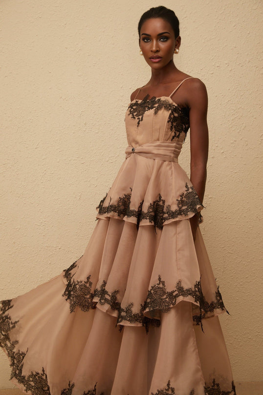 Ginevra Brown Black Maxi Dress with Tiered Tulle and Floral Lace Trim