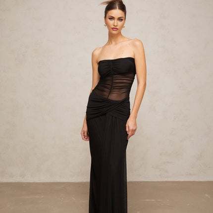 Ginevra Black Tulle Maxi Dress with Corset Bodice and Ruched Detailing