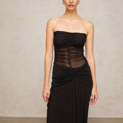 Ginevra Black Tulle Maxi Dress with Corset Bodice and Ruched Detailing