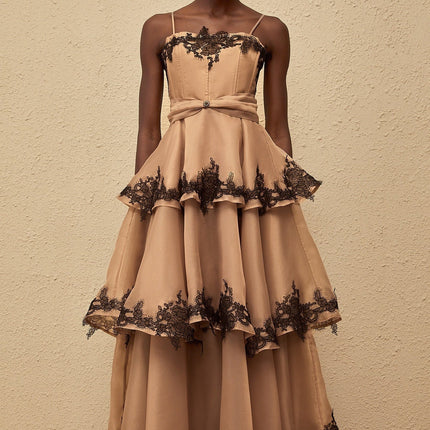 Ginevra Maxi Dress Brown Black tiered tulle floral lace square neck spaghetti straps fitted waistline maxi length rear zip fastening 100% Terylene fiber composition luxury comfort