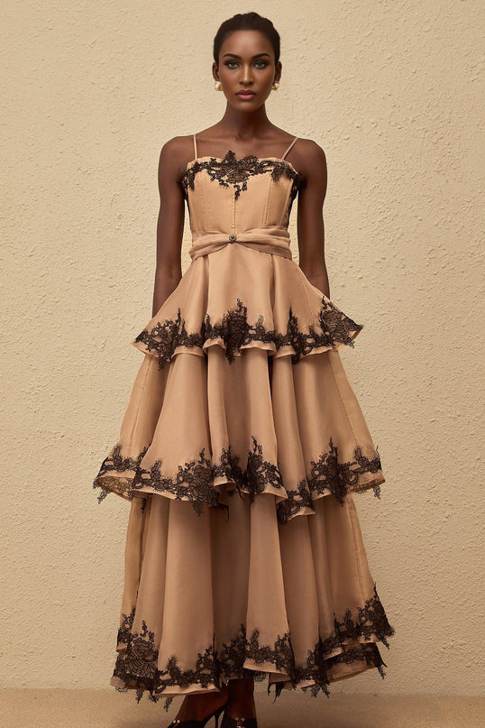 Ginevra Maxi Dress Brown Black tiered tulle floral lace square neck spaghetti straps fitted waistline maxi length rear zip fastening 100% Terylene fiber composition luxury comfort