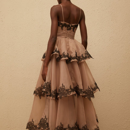Ginevra Maxi Dress Brown Black Tulle Lace Square Neck Spaghetti Straps Fitted Waistline Maxi Length Rear Zip Fastening 100% Terylene Fiber