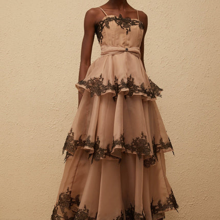 Ginevra Maxi Dress Brown Black Tiered Tulle Floral Lace Square Neck Spaghetti Straps Fitted Waistline Maxi Length Rear Zip Fastening 100% Terylene Fiber Composition