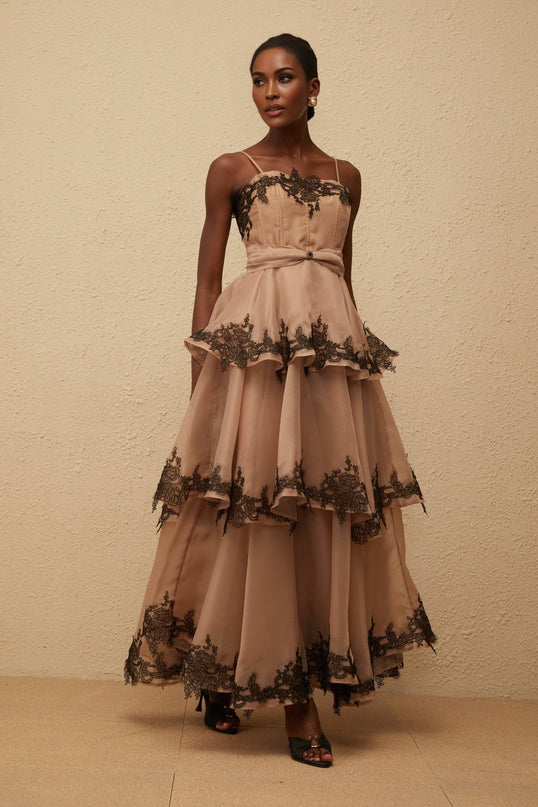 Ginevra Maxi Dress Brown Black Tiered Tulle Floral Lace Square Neck Spaghetti Straps Fitted Waistline Maxi Length Rear Zip Fastening 100% Terylene Fiber Composition