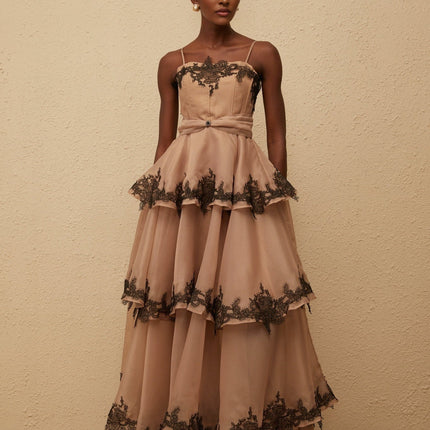 Ginevra Maxi Dress in Brown Black with tiered tulle and floral lace trim