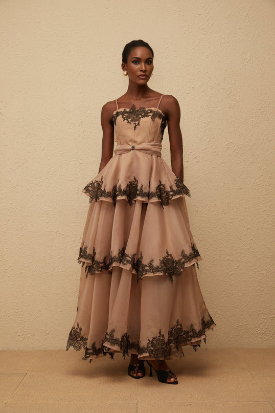 Ginevra Maxi Dress in Brown Black with tiered tulle and floral lace trim