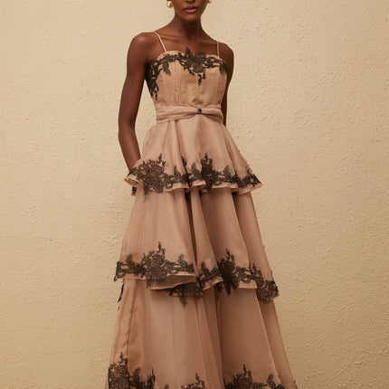 Ginevra Maxi Dress Brown Black tiered tulle floral lace square neck spaghetti straps fitted waistline rear zip fastening 100% Terylene fiber composition