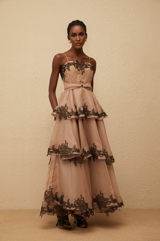 Ginevra Maxi Dress Brown Black tiered tulle floral lace square neck spaghetti straps fitted waistline rear zip fastening 100% Terylene fiber composition