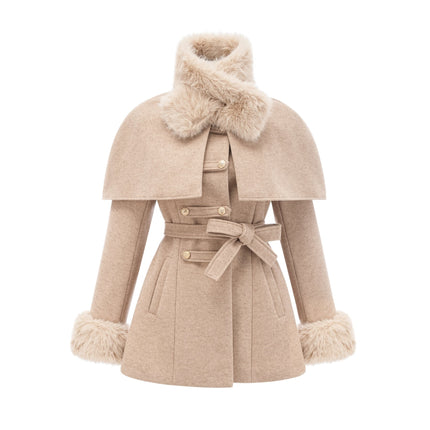 Ginevra Neutrals Coat with Gold Buttons and Faux Fur Detailing