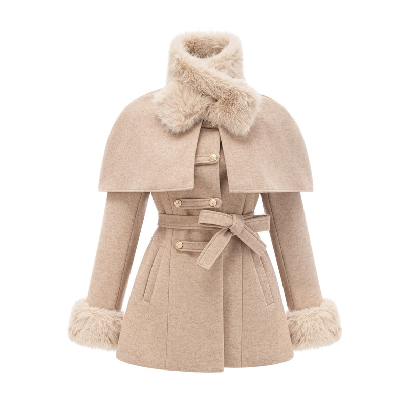 Ginevra Neutrals Coat with Gold Buttons and Faux Fur Detailing