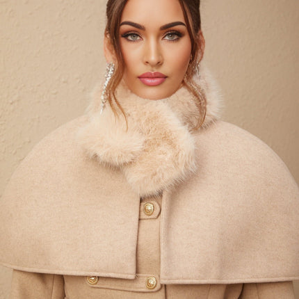 Ginevra Neutrals Coat with Detachable Cape and Scarf Embossed Gold Buttons Faux-Fur Detailing Mock Neck Shoulder Pads Self-Tie Design Two Side Welt Pockets Concealed Front Fastening 100 Polyester Fiber Faux Fur Structured Silhouette Opulent Luxurious Elegant Sophisticated Winter Wardrobe Investment Fashion Connoisseur