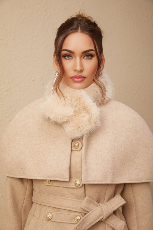 Ginevra Neutrals Coat with Detachable Cape and Scarf Embossed Gold Buttons Faux-Fur Detailing Mock Neck Shoulder Pads Self-Tie Design Two Side Welt Pockets Concealed Front Fastening 100 Polyester Fiber Faux Fur Structured Silhouette Opulent Luxurious Elegant Sophisticated Winter Wardrobe Investment Fashion Connoisseur