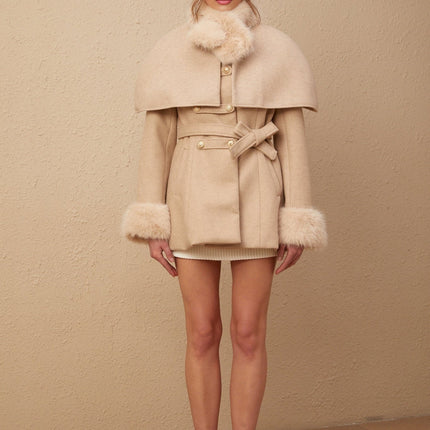 Ginevra Neutrals Coat with Detachable Cape and Faux-Fur Detailing