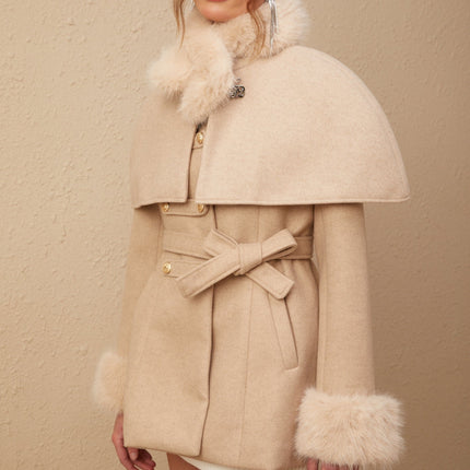 Ginevra Neutrals Coat with Embossed Gold-Tone Buttons and Faux-Fur Detailing