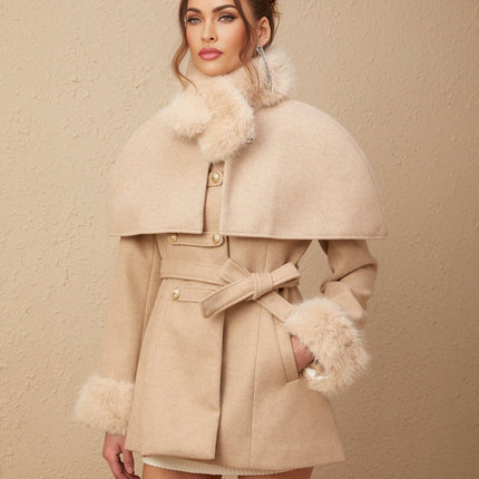 Ginevra Neutrals Coat with Detachable Cape and Scarf Embossed Gold-Tone Buttons Faux-Fur Detailing Self-Tie Design Shoulder Pads Structured Silhouette Side Welt Pockets Concealed Front Press-Stud Fastening 100% Polyester Fiber Faux Fur Timeless Investment