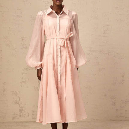Ginevra Pink Midi Dress with Balloon Sleeves and Faux-Pearl Embellishment
