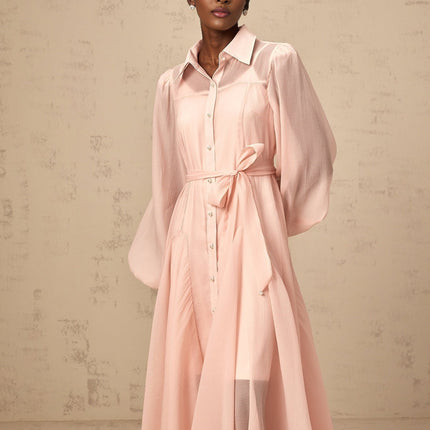 Ginevra Pink Midi Dress with Balloon Sleeves and Faux-Pearl Embellishment