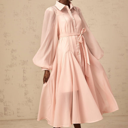 Ginevra Pink Midi Dress with Balloon Sleeves and Faux-Pearl Embellishment