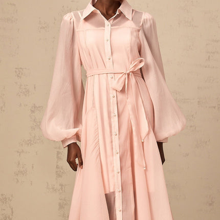 Ginevra Pink Midi Dress with Faux-Pearl Embellishment