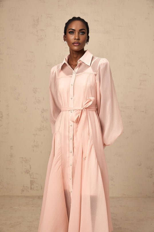 Ginevra Pink Midi Dress with Faux-Pearl Embellishment