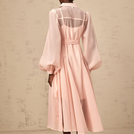 Ginevra Pink Midi Dress with Balloon Sleeves and Faux-Pearl Embellishment