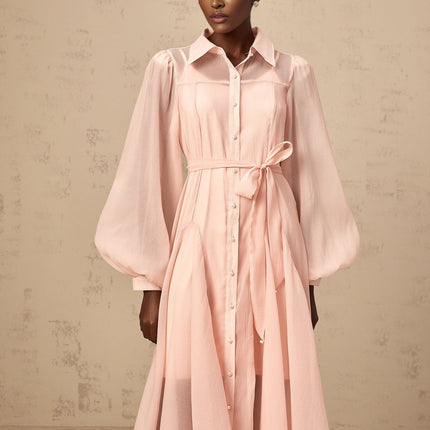 Ginevra Pink Midi Dress with Balloon Sleeves and Faux-Pearl Embellishment