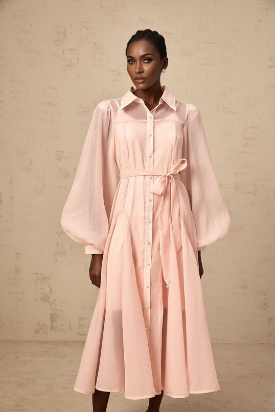 Ginevra Pink Midi Dress with Balloon Sleeves and Faux-Pearl Embellishment
