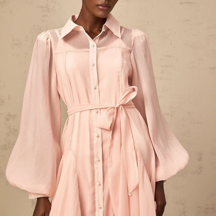 Ginevra Pink Midi Dress Balloon Sleeves Faux-Pearl Embellishment