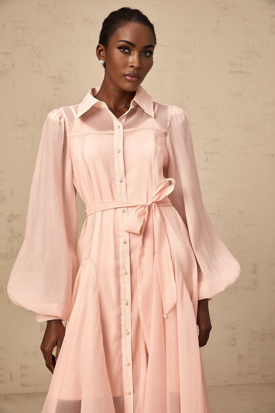 Ginevra Pink Midi Dress Balloon Sleeves Faux-Pearl Embellishment