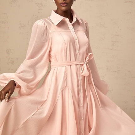 Ginevra Pink Midi Dress with Balloon Sleeves and Faux-Pearl Embellishment