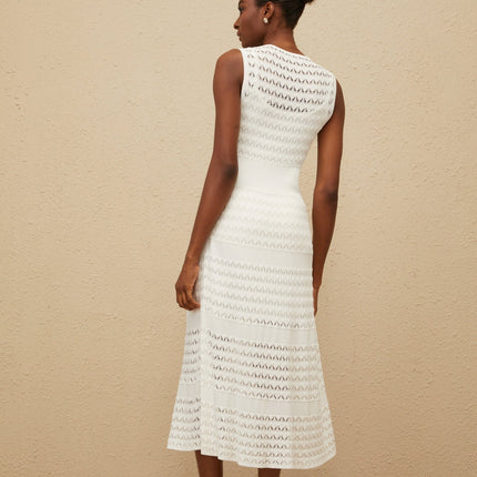 Ginevra White Crochet Knit Flared Hem Midi Dress with Pointelle Trim