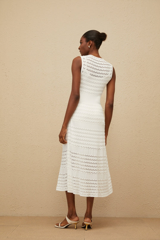 Ginevra White Crochet Knit Flared Hem Midi Dress with Pointelle Trim