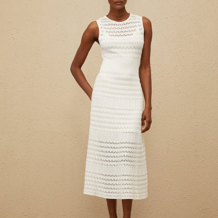 Ginevra White Crochet Knit Flared Hem Midi Dress with Pointelle Trim