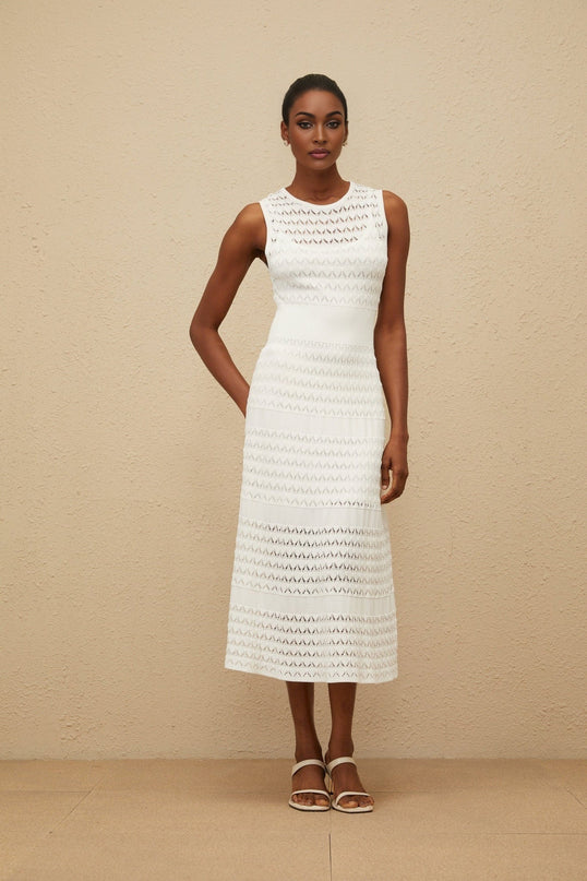 Ginevra White Crochet Knit Flared Hem Midi Dress with Pointelle Trim