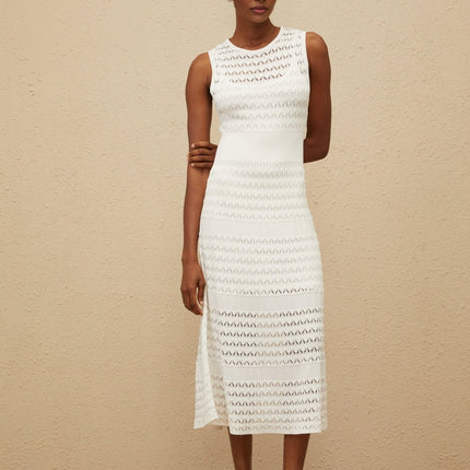 Ginevra White Crochet Knit Flared Hem Midi Dress with Pointelle Trim