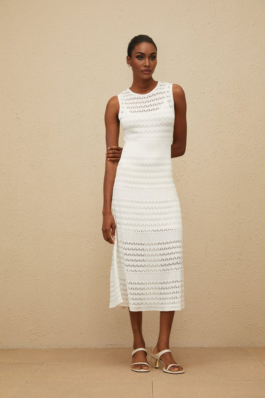 Ginevra White Crochet Knit Flared Hem Midi Dress with Pointelle Trim