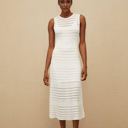 Ginevra White Crochet Knit Flared Hem Midi Dress with Pointelle Trim
