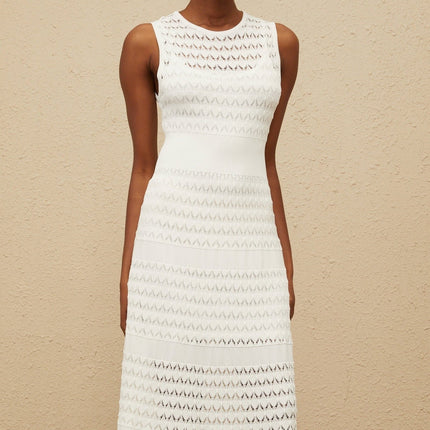 Ginevra White Crochet Knit Midi Dress with Flared Hem and Pointelle Trim