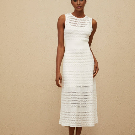 Ginevra White Crochet Knit Midi Dress with Flared Hem and Pointelle Trim
