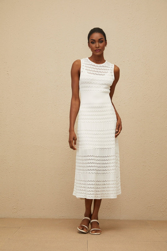 Ginevra White Crochet Knit Midi Dress with Flared Hem and Pointelle Trim
