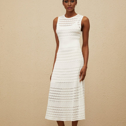 Ginevra White Crochet Knit Midi Dress with Flared Hem and Pointelle Trim