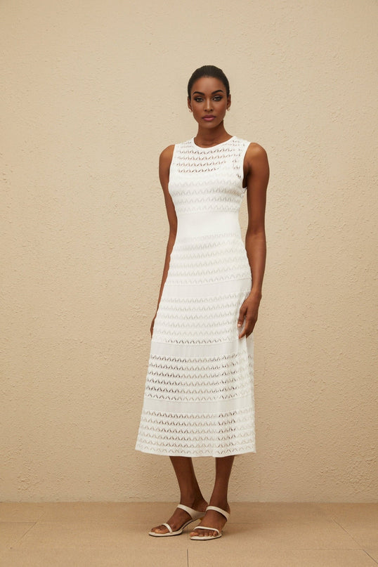 Ginevra White Crochet Knit Midi Dress with Flared Hem and Pointelle Trim