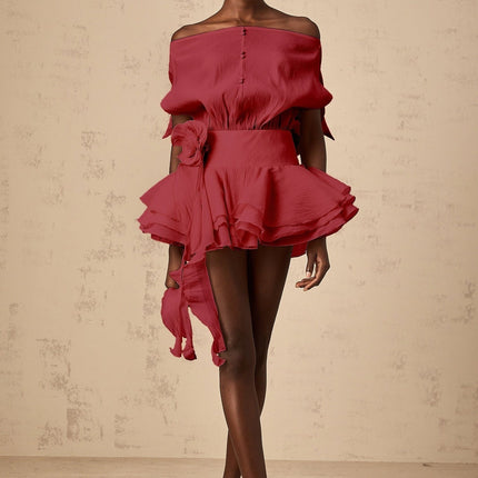 Giorgia Red Floral Appliqué Mini Dress with Off-Shoulder Silhouette